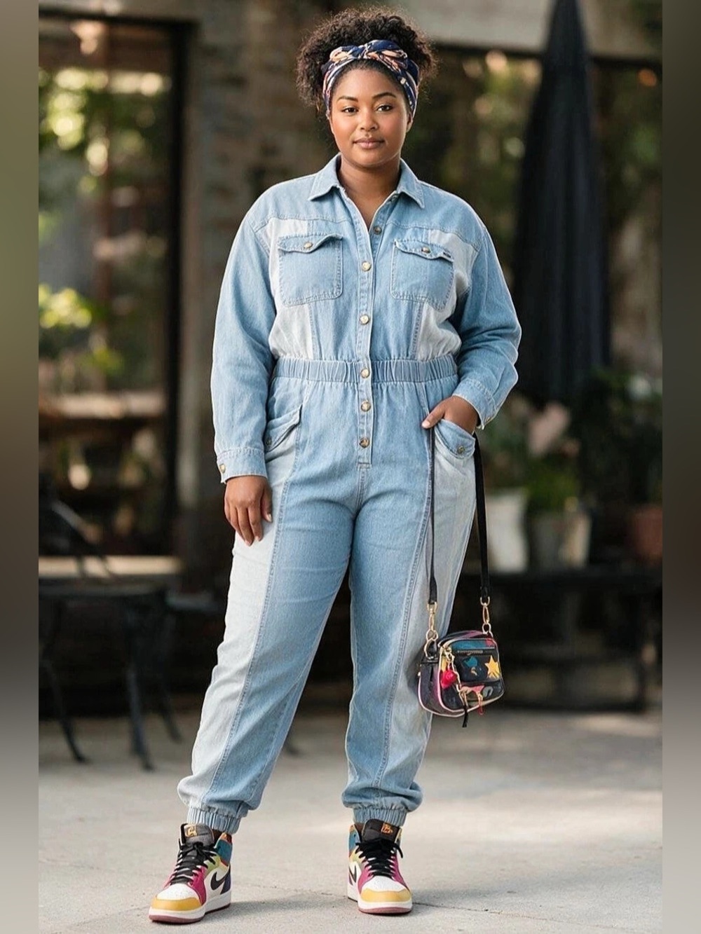 LC Curvy Collection Color Block Denim Jumpsuit Size Large Like New